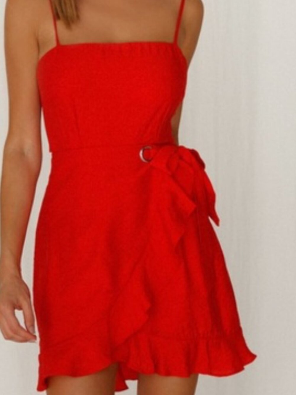 NWOT Hello Molly Red linen Faux Wrap Mini Dress Spaghetti Straps Small